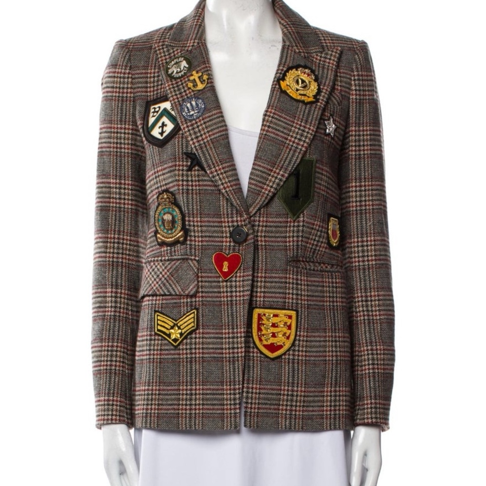 Veronica Beard Gray and Brown Blazer with Vintage Patches